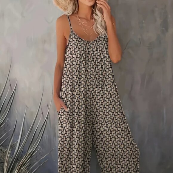 Allover Print Casual Sleeveless Pocket Jumpsuit Romper - Picture 1 of 12